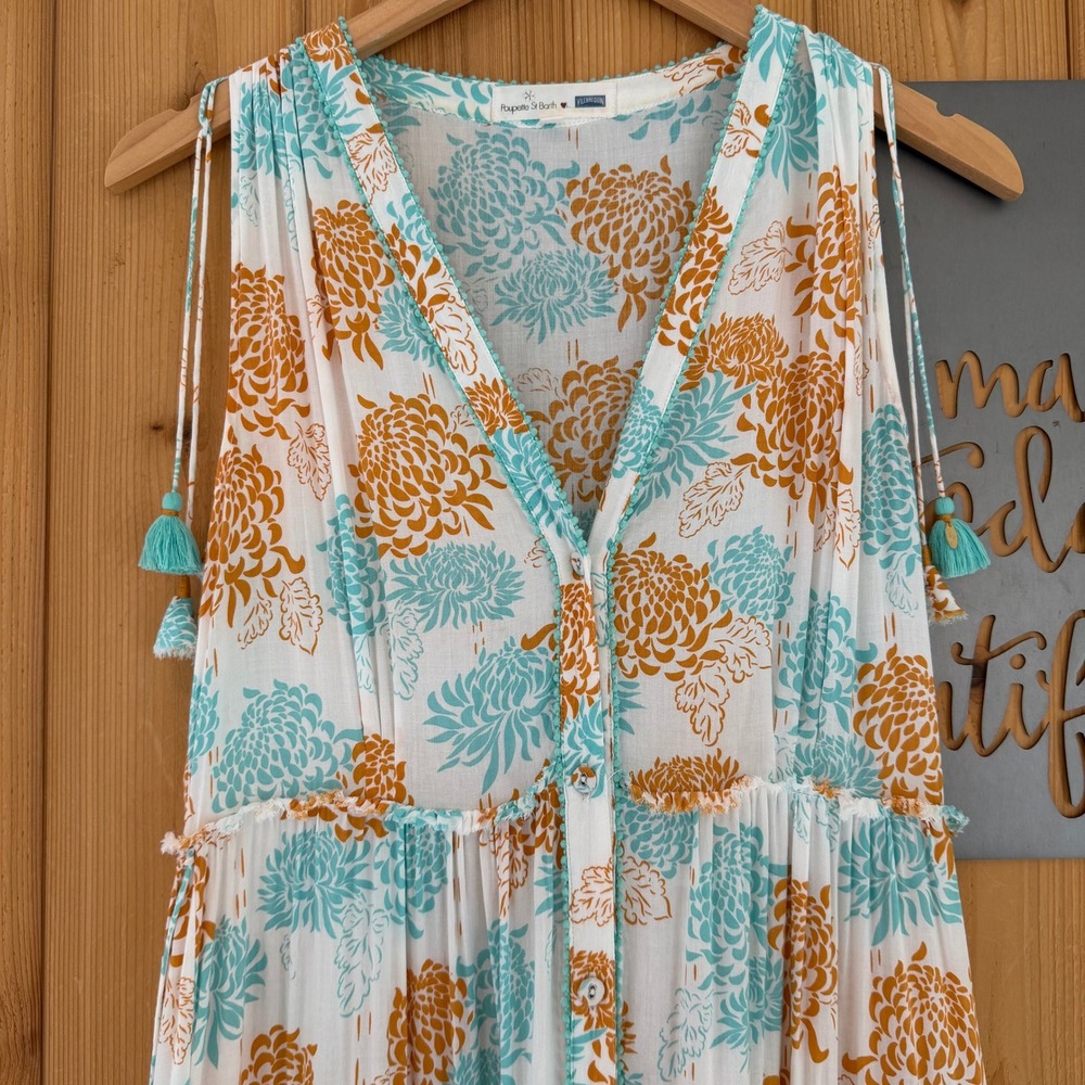 Poupette St Barth Floral PomPom Button Down Sleeveless Maxi Dress Size Small - Picture 3 of 12